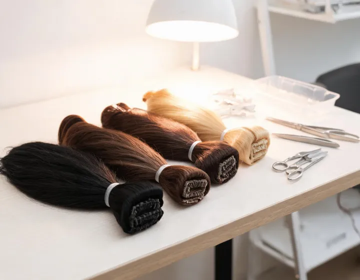 Sew-In Hair Extensions Sourcing on a cosmetics bench, illustration only