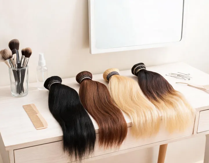 beaded sew in hair extensions on a cosmetics bench, illustration only