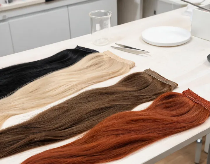weft sew in hair extensions on a cosmetics bench, illustration only