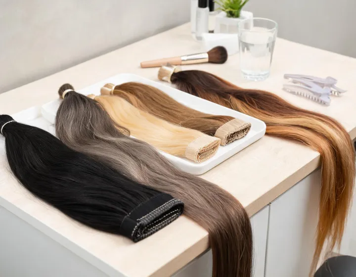 weft sew in hair extensions on a cosmetics bench, illustration only